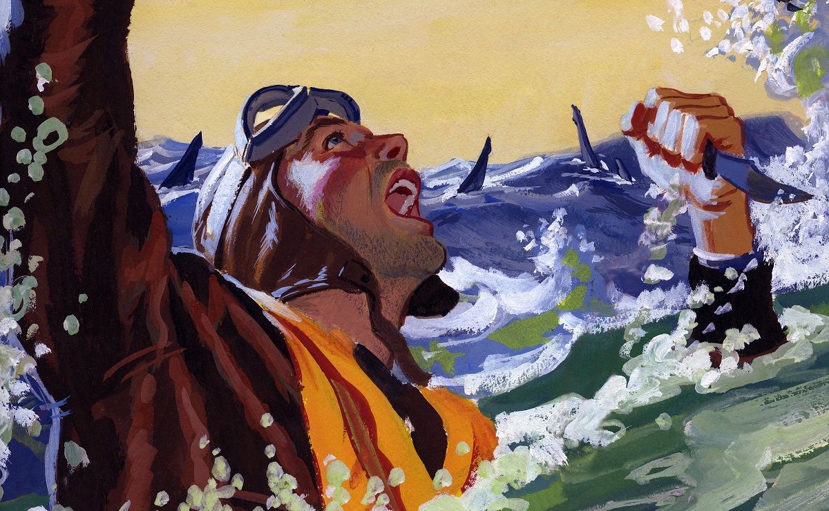 PACIFIC OCEAN -  1944:  A painting for the US Army "Stars and Stripes" newspaper shows a downed US Army Air Force pilot fighting off sharks with a knife and waving to a circling Consolidated PBY Catalina rescue plane in 1944 somewhere in the Pacific Ocean.. (Illustration by Ed Vebell/Getty Images) (Ed Vebell / Getty Images)