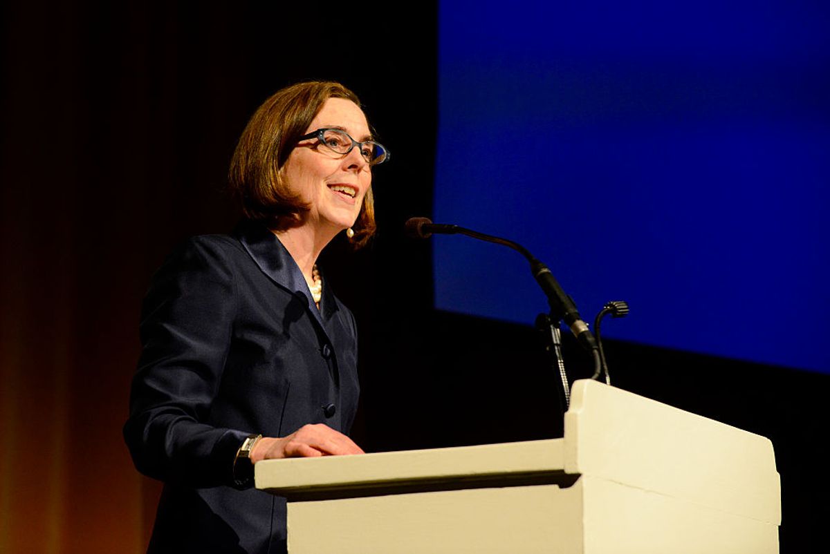 Oregon Governor Kate Brown speaks on Stage at the Oregon Consular Corps Celebrate Trade Gala at the Portland Art Museum in Portland, Oregon, USA on 18th May 2015. (Photo by Anthony Pidgeon/Redferns) (Anthony Pidgeon/Redferns)