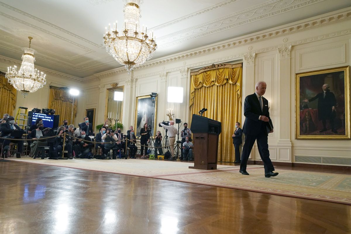 WASHINGTON, DC - AUGUST 16: U.S. President Joe Biden walks away without taking questions after delivering remarks on the worsening crisis in Afghanistan from the East Room of the White House August 16, 2021 in Washington, DC. Biden cut his vacation in Camp David short to address the nation as the Taliban have seized control in Afghanistan two weeks before the U.S. is set to complete its troop withdrawal after a costly two-decade war. (Photo by Anna Moneymaker/Getty Images) (Anna Moneymaker/Getty Images)