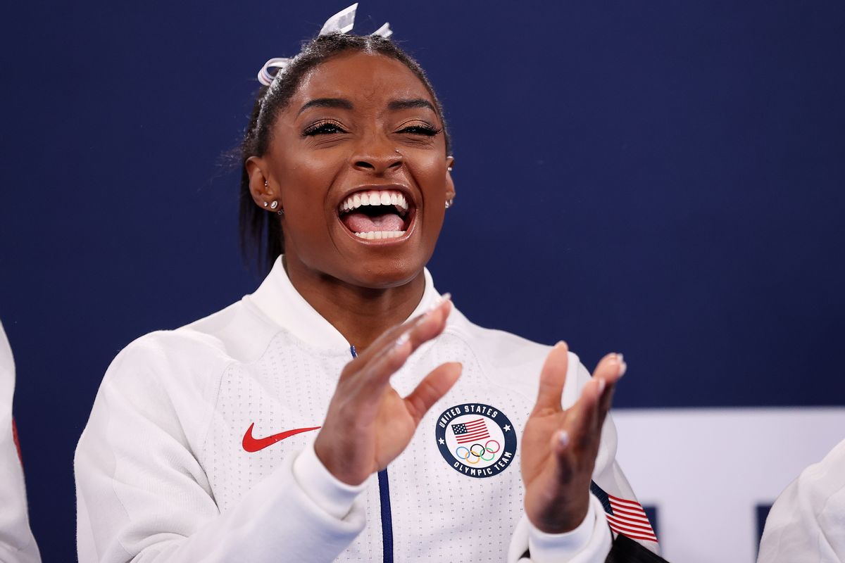 TOKYO, JAPAN - JULY 27: Simone Biles of Team United States reacts during the Women's Team Final on day four of the Tokyo 2020 Olympic Games at Ariake Gymnastics Centre on July 27, 2021 in Tokyo, Japan. (Photo by Laurence Griffiths/Getty Images) (Laurence Griffiths/Getty Images)