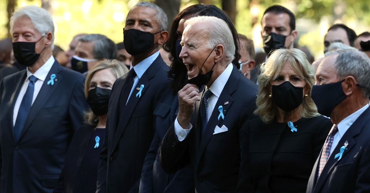 NEW YORK, NEW YORK - SEPTEMBER 11: President Joe Biden (C) calls out as he is joined by (L-R) former President Bill Clinton, former First Lady Hillary Clinton, former President Barack Obama, former First Lady Michelle Obama, First Lady Jill Biden and former New York City Mayor Michael Bloomberg, during the annual 9/11 Commemoration Ceremony at the National 9/11 Memorial and Museum on September 11, 2021 in New York City. During the ceremony six moments of silence were held, marking when each of the World Trade Center towers was struck and fell and the times corresponding to the attack on the Pentagon and the crash of Flight 93. The nation is marking the 20th anniversary of the terror attacks of September 11, 2001, when the terrorist group al-Qaeda flew hijacked airplanes into the World Trade Center, Shanksville, PA and the Pentagon, killing nearly 3,000 people. (Photo by Chip Somodevilla/Getty Images) (Getty Images)