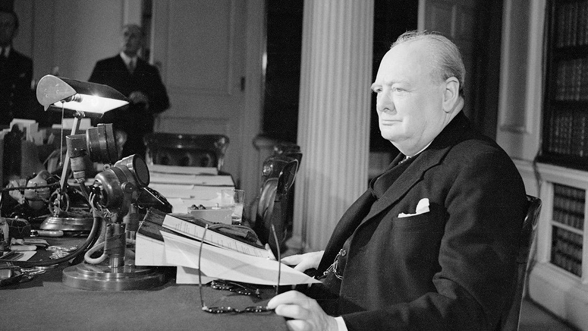Winston Churchill As Prime Minister 1940-1945, Home Front: Churchill makes the victory broadcast on BBC radio, 8 May 1945. (Photo by Major Horton/ Imperial War Museums via Getty Images) (Major Horton/ Imperial War Museums via Getty Images)