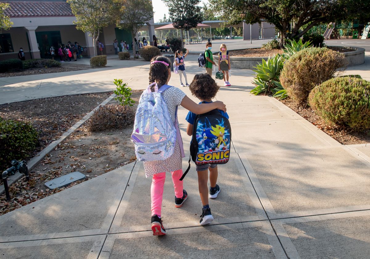 Tustin, CA - August 12: Students make their way to class for the first day of school at Tustin Ranch Elementary School in Tustin, CA on Wednesday, August 11, 2021. (Photo by Paul Bersebach/MediaNews Group/Orange County Register via Getty Images) (Paul Bersebach/MediaNews Group/Orange County Register via Getty Images)