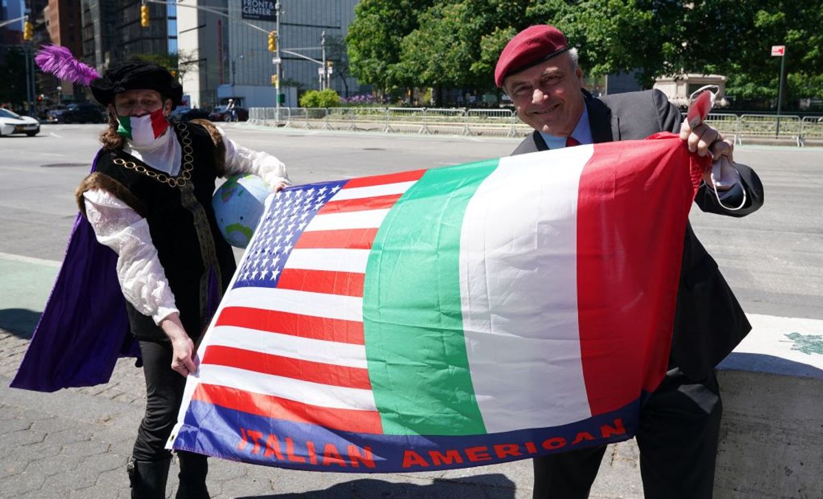 A man dressed as Christopher Columbus and Mayoral candidate Curtis Sliwa(R)hold a flag, as Italian-American community groups hold a demonstration in Columbus Circle in New York on May 12, 2021 in support of Italian Heritage and Columbus Day. (Photo by TIMOTHY A. CLARY / AFP) (Photo by TIMOTHY A. CLARY/AFP via Getty Images) (Getty Images, stock)