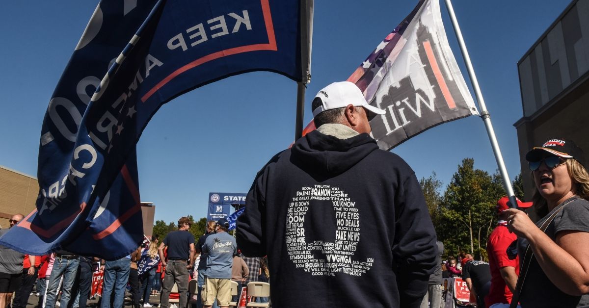 NEW YORK, NY - OCTOBER 03: A person wears a QAnon sweatshirt during a pro-Trump rally on October 3, 2020 in the borough of Staten Island in New York City. The event, which was organized weeks ago, encouraged people to vote Republican and to pray for the health of President Trump who fell ill with Covid-19. (Photo by Stephanie Keith/Getty Images) (Stephanie Keith / Getty Images)