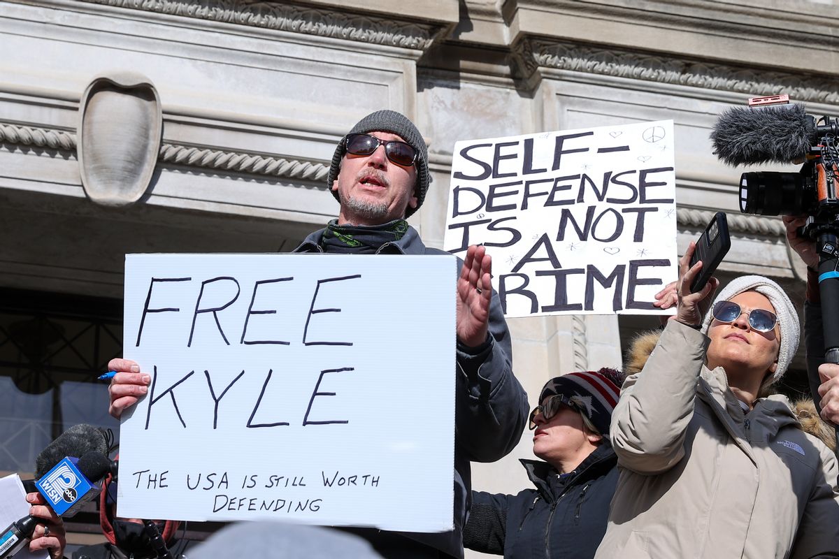 KENOSHA, WISCONSIN - NOVEMBER 19: Kyle Rittenhouse supporters celebrate outside the Kenosha County Courthouse after US jury found Kyle Rittenhouse not guilty in Kenosha protest shootings that killed 2 and injured a third, on November 19, 2021 in Kenosha, Wisconsin, United States. (Photo by Tayfun Coskun/Anadolu Agency via Getty Images) (Getty Images)