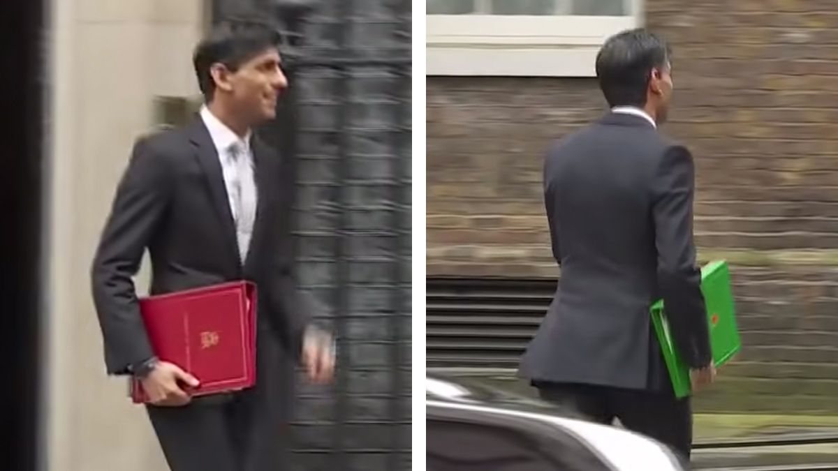 A politician's briefcase purportedly changes color from red to green after he passed a park car on TV on Sky News in a TikTok video. (Sky News)