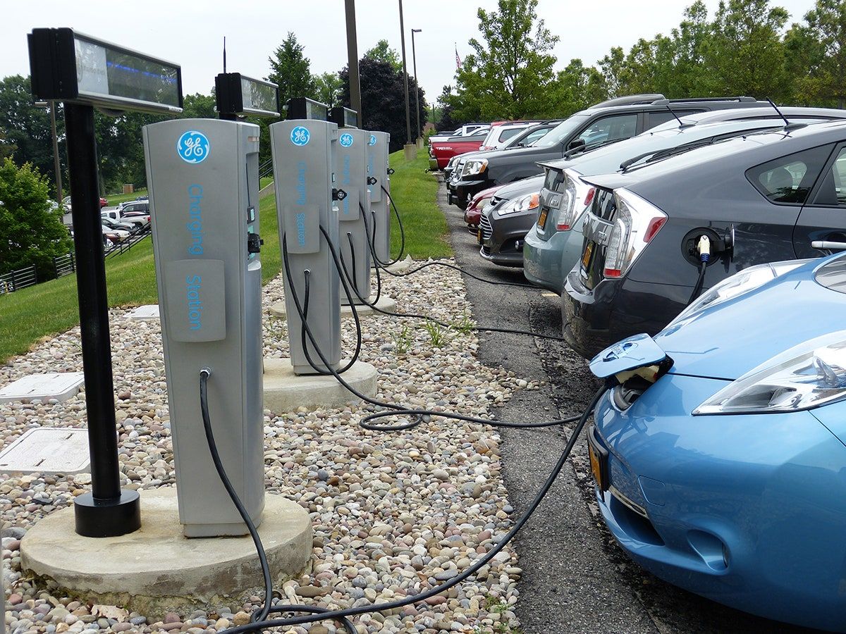 Electric vehicle chargers in the parking lot of GE's Global Research headquarters in Niskayuna, New York. (Credit: GE) (GE)