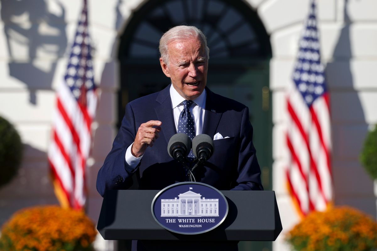 WASHINGTON, DC - OCTOBER 18: President Joe Biden delivers remarks at the 2021 and 2020 State and National Teachers of the Year awards ceremony at the White House on October 18, 2021 in Washington, DC. The 2021 teacher of the year, Juliana Urtubey, of Las Vegas, Nevada, and the 2020 teacher of the year, Tabatha Rosproy, of Winfield, Kansas were recognized in the joint ceremony. (Photo by Kevin Dietsch/Getty Images) (Kevin Dietsch/Getty Images)