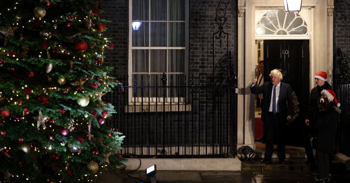 LONDON, UNITED KINGDOM -DECEMBER 1:  British Prime Minister Boris Johnson hosts an event to light up the Christmas tree on Downing Street on December 1, 2021 in London, England. The Christmas tree, which is presented by the British Christmas Tree Growers Association, was grown by Marldon Christmas Tree Farm in Devon.  (Photo by Dan Kitwood/Getty Images) (Photo by Dan Kitwood/Getty Images)