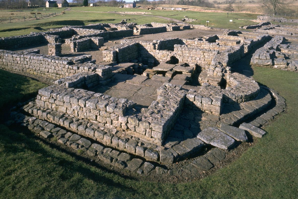 The well-made stone foundations of buildings in the civil settlement which grew up outside the Roman fort of Vindolanda (Chesterholme). (Photo by English Heritage/Heritage Images/Getty Images) (English Heritage/Heritage Images/Getty Images)