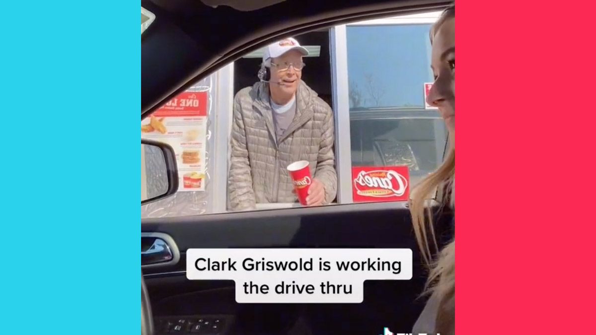 Chevy Chase worked the drive-thru at a Raising Cane's Chicken Fingers location and it appeared to be a part of the Drive-Thru Comedy video series. (@delaneyfree/TikTok)