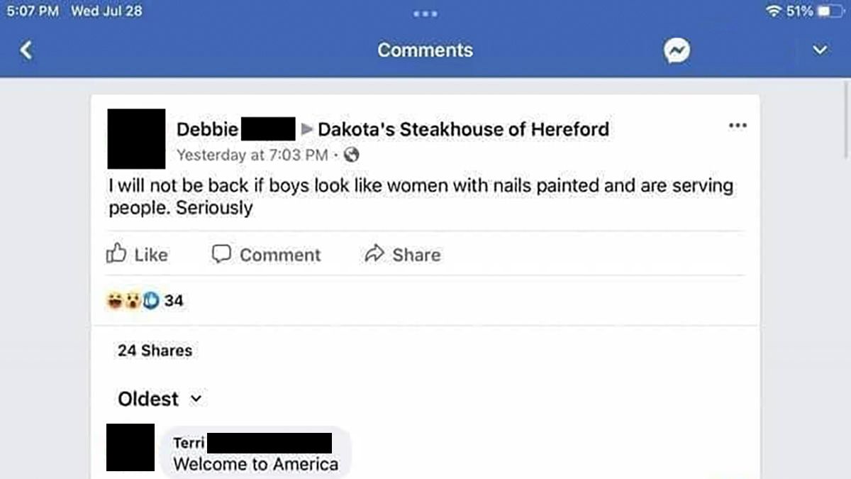 A Facebook user named Debbie purportedly refused to be served by transgender wait staff at Dakota's Steakhouse in Hereford Texas according to Reddit post. (Facebook)
