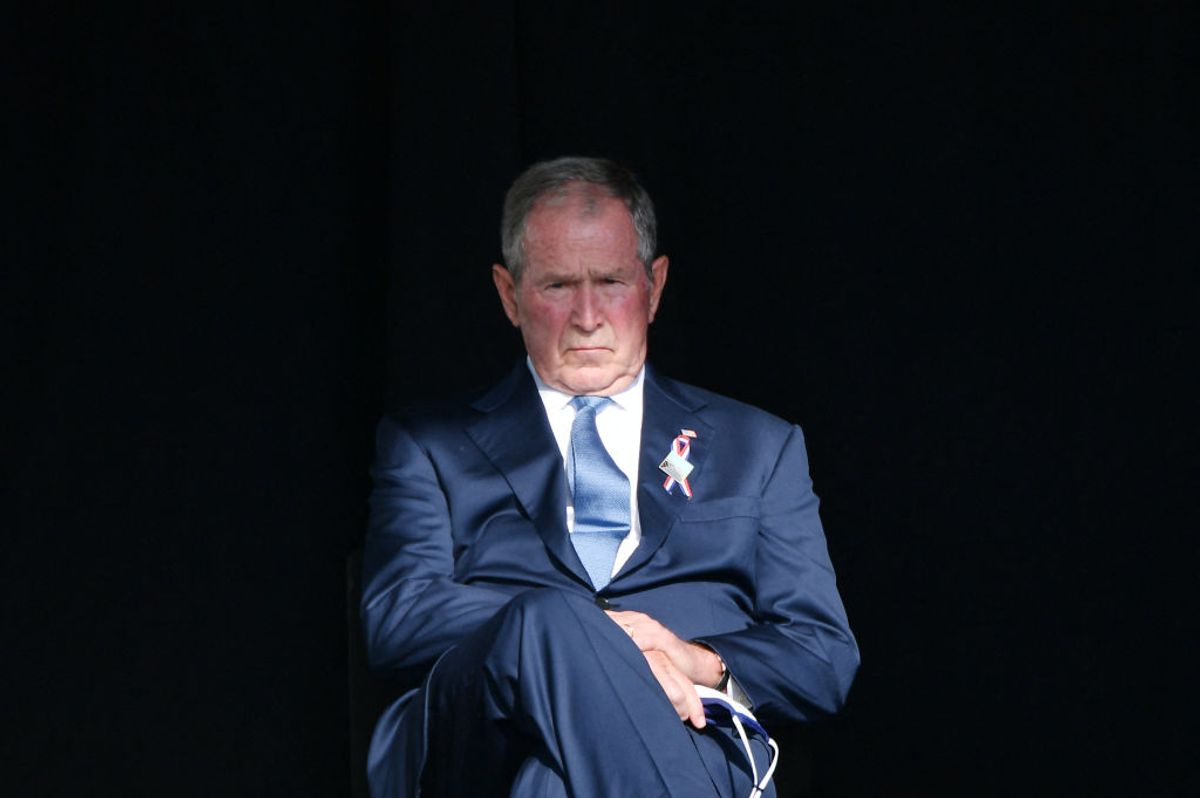 TOPSHOT - Former US President George W. Bush attends a 9/11 commemoration at the Flight 93 National Memorial in Shanksville, Pennsylvania on September 11, 2021. - America marked the 20th anniversary of 9/11 Saturday with solemn ceremonies given added poignancy by the recent chaotic withdrawal of troops from Afghanistan and return to power of the Taliban. (Photo by MANDEL NGAN / AFP) (Photo by MANDEL NGAN/AFP via Getty Images) (Mandel Ngan/AFP via Getty Images)