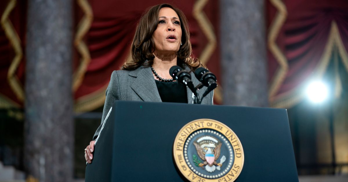 WASHINGTON, DC - JANUARY 06: US Vice President Kamala Harris gives remarks in Statuary Hall of the U.S Capitol on January 6, 2022 in Washington, DC. One year ago, supporters of President Donald Trump attacked the U.S. Capitol Building in an attempt to disrupt a congressional vote to confirm the electoral college win for Joe Biden. (Photo by Greg Nash-Pool/Getty Images) (Greg Nash-Pool/Getty Images)