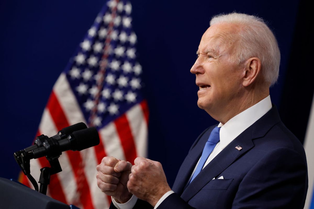 WASHINGTON, DC - JANUARY 14: U.S. President Joe Biden delivers remarks about the work being done by his administration to implement the Bipartisan Infrastructure Law in the Eisenhower Executive Office Building's South Court Auditorium on January 14, 2022 in Washington, DC. "There's a lot of talk about disappointments and things we haven't gotten done -- we're gonna get a lot of them done, I might add -- but this is something we did get done. And it's of enormous consequence to the country," Biden said. (Photo by Chip Somodevilla/Getty Images) (Getty Images)