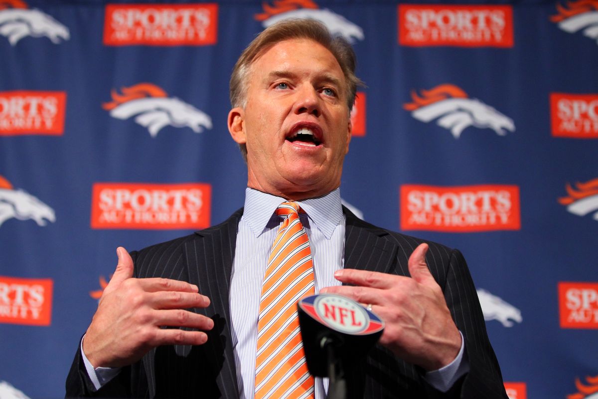 ENGLEWOOD, CO - MARCH 20:  Executive vice president of football operations John Elway speaks during a news conference announcing quarterback Peyton Manning's contract with the Denver Broncos in the team meeting room at the Paul D. Bowlen Memorial Broncos Centre on March 20, 2012 in Englewood, Colorado. Manning, entering his 15th NFL season, was released by the Indianapolis Colts on March 7, 2012, where he had played his whole career. It has been reported that Manning will sign a five-year, $96 million offer.  (Photo by Doug Pensinger/Getty Images) (Doug Pensinger/Getty Images)