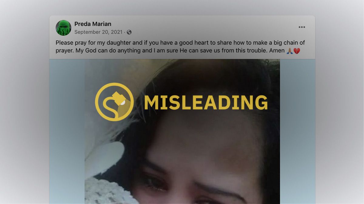 A viral prayer request featuring a picture of a crying mother and baby girl asked for people to please pray for my daughter and make a big chain of prayer. (Facebook)