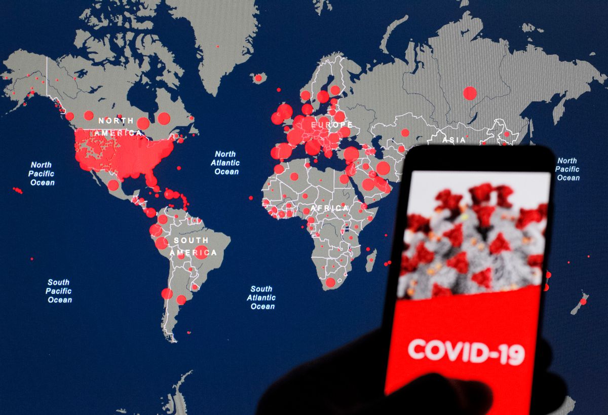 UKRAINE - 2020/04/29: In this photo illustration the Coronavirus COVID-19 Global Cases world map by the Center for Systems Science and Engineering (CSSE) at Johns Hopkins University (JHU) seen displayed in internet on a pc screen. The number of the COVID-19 coronavirus confirmed cases in the United States exceeded one million and exceeded three million in the world, according of COVID-19 Dashboard by the Center for Systems Science and Engineering (CSSE) at Johns Hopkins University (JHU). The World Health Organization declared the coronavirus a global pandemic on 11 March 2020. (Photo Illustration by Pavlo Gonchar/SOPA Images/LightRocket via Getty Images) (Getty Images)