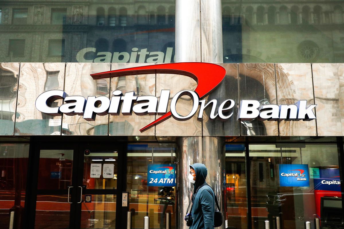 NEW YORK, UNITED STATES - 2020/05/08: Capitol One bank logo is seen on one of their branches. (Photo by John Lamparski/SOPA Images/LightRocket via Getty Images) (John Lamparski/SOPA Images/LightRocket via Getty Images)