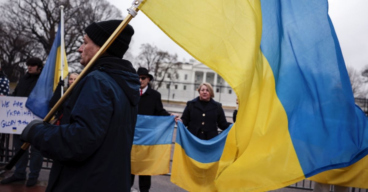 WASHINGTON, DC - FEBRUARY 24: Anti-war demonstrators and Ukrainians living in the U.S. protest against Russia's military operation in Ukraine in Lafayette Park on February 24, 2022 in Washington, DC. Russian President Vladimir Putin launched a full-scale invasion of Ukraine on February 24th. (Photo by Anna Moneymaker/Getty Images) (Anna Moneymaker / Getty Images)