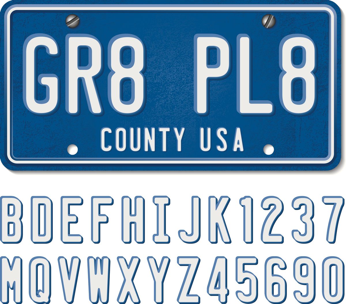 Drag and scale characters to make your own vanity plate. Includes all the letters of the alphabet and numerals 0 through 9. Elements are layered and labeled. Uses global colors for easier color changes. Download includes XXXL JPEG file (20 in. x 17.5 in. at 300 dpi). (Getty Images)