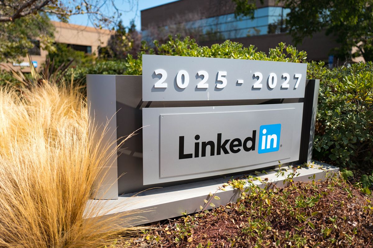 Signage with logo at the headquarters of professional social networking company LinkedIn, in the Silicon Valley town of Mountain View, California, August 24, 2016. (Photo by Smith Collection/Gado/Getty Images). (Smith Collection/Gado/Getty Images)