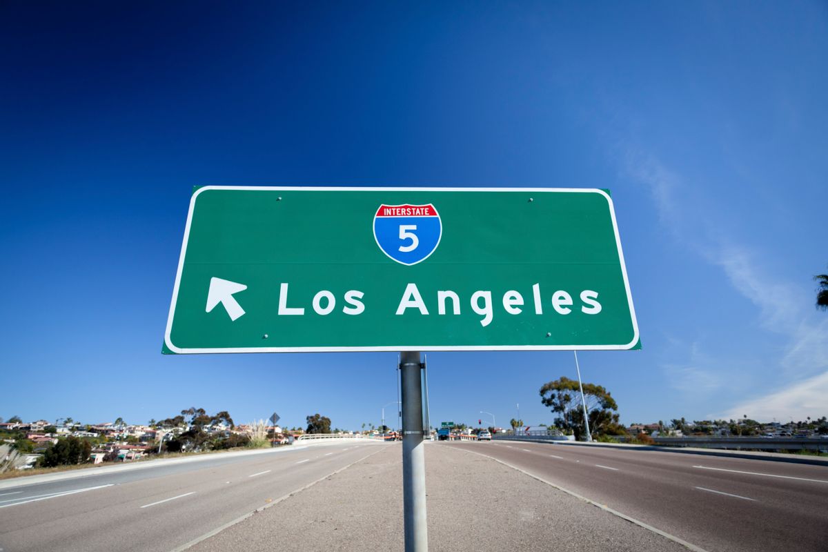 (GERMANY OUT)   Road sign contrasting from the deep blue sky pointing the way to Interstate 5 to Los Angeles.   (Photo by Dünzlullstein bild via Getty Images) (Dünzl\ullstein bild via Getty Images)