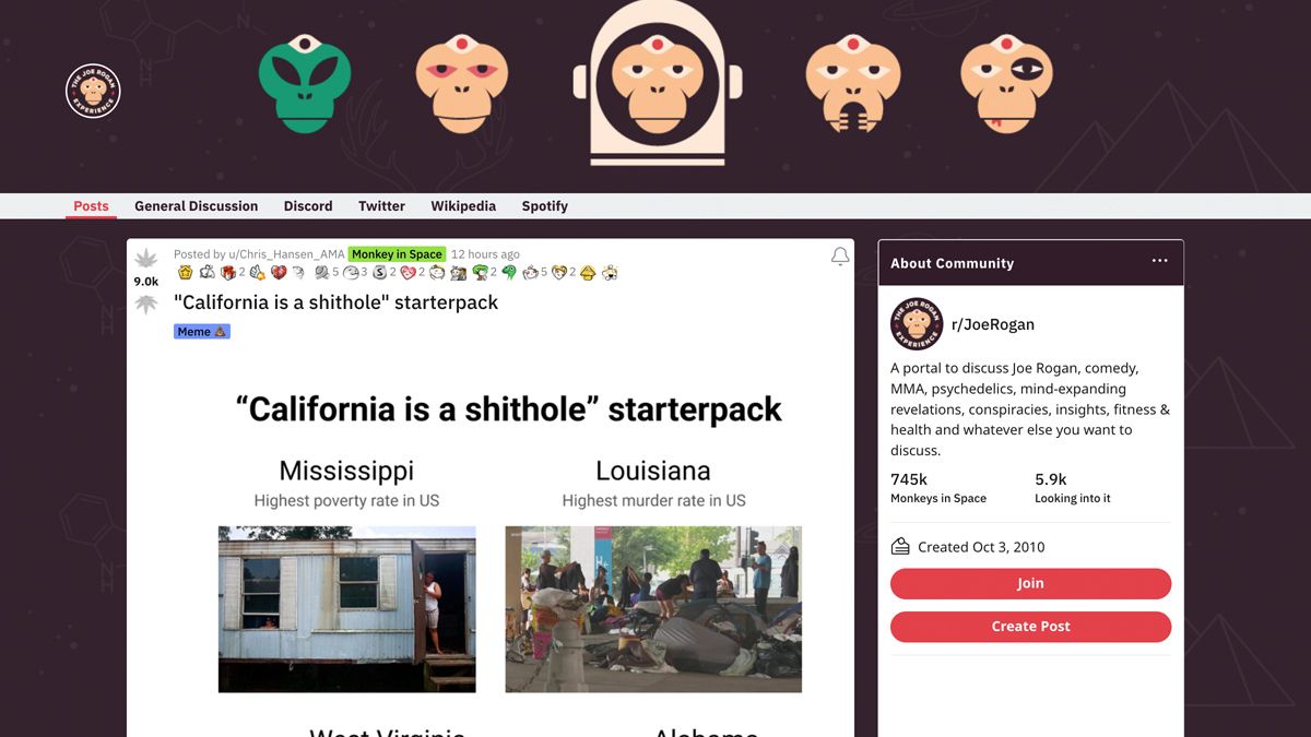The Joe Rogan subreddit on Reddit posted a California is a shithole starterpack and it included Mississippi, Louisiana, West Virginia, and Alabama. (r/JoeRogan on Reddit)