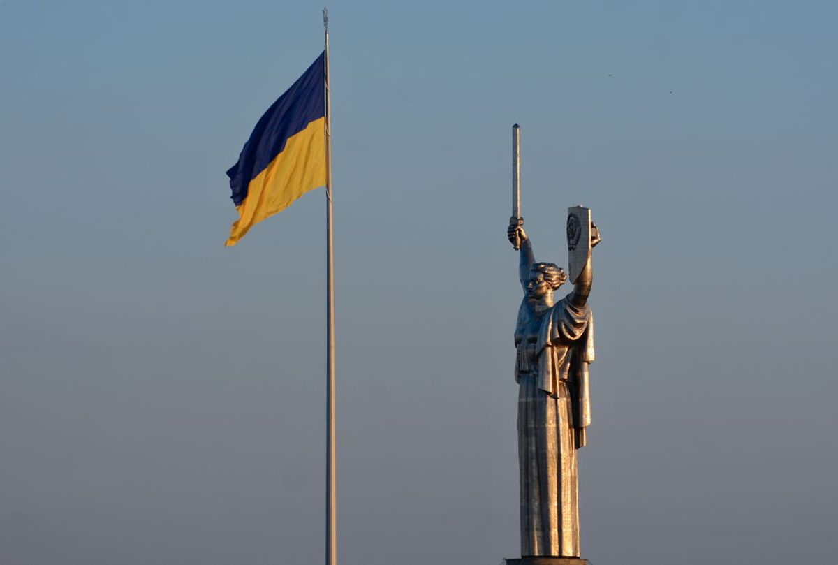KYIV, UKRAINE - 2020/08/23: Ukraine's biggest flag flies some 90 metres above the city as it has been installed on the eve of the State Flag Day, with the Motherland Monument at centre in Kyiv. Ukraine marks the State Flag Day on August 23 and the Independence Day on August 24. (Photo by Aleksandr Gusev/Pacific Press/LightRocket via Getty Images) (Aleksandr Gusev/Pacific Press/LightRocket via Getty Images)