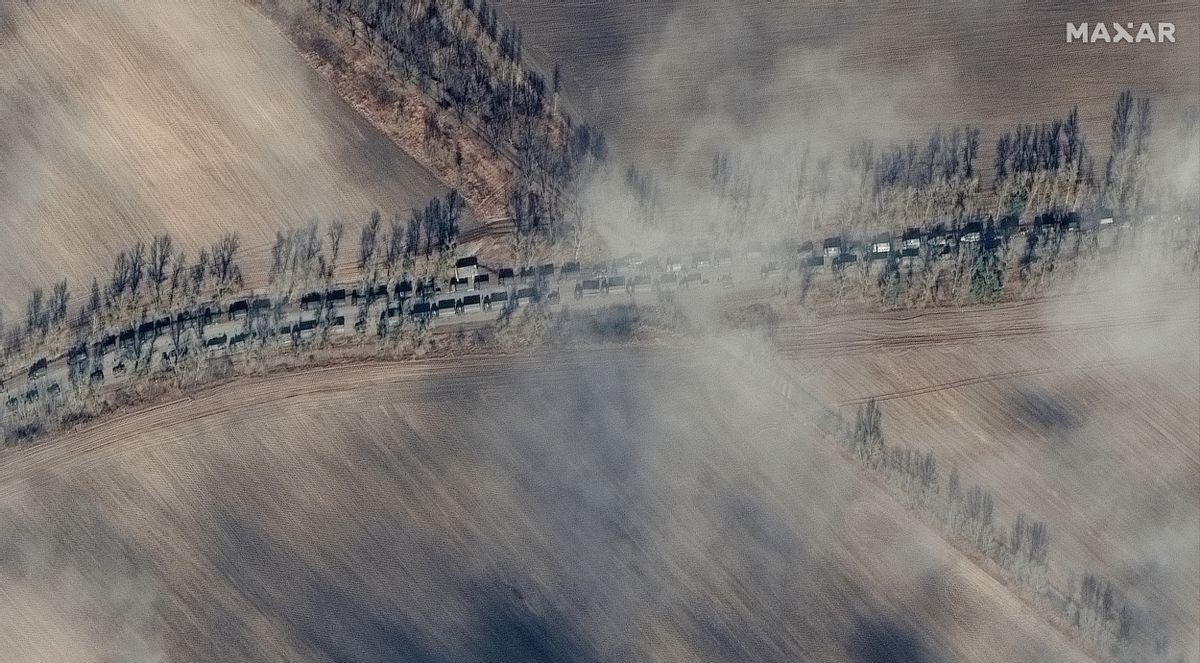 IVANKIV, UKRAINE - FEBRUARY 27, 2022:  A large deployment of Russian ground forces, containing hundreds of military vehicles, are seen in convoy northeast of Ivankiv, Ukraine on February 27, 2022. The vehicles are moving in the direction of Kyiv—approximately 40 miles away. The convoy—which extends for more than 3.25 miles--contains fuel, logistics and armored vehicles (tanks, infantry fighting vehicles, self-propelled artillery) and is traveling along the P-02-02 road (Shevchenka Road) and moving towards Ivankiv. (Photo by Maxar/GettyImages) (Satellite image (c) 2022 Maxar Technologies)