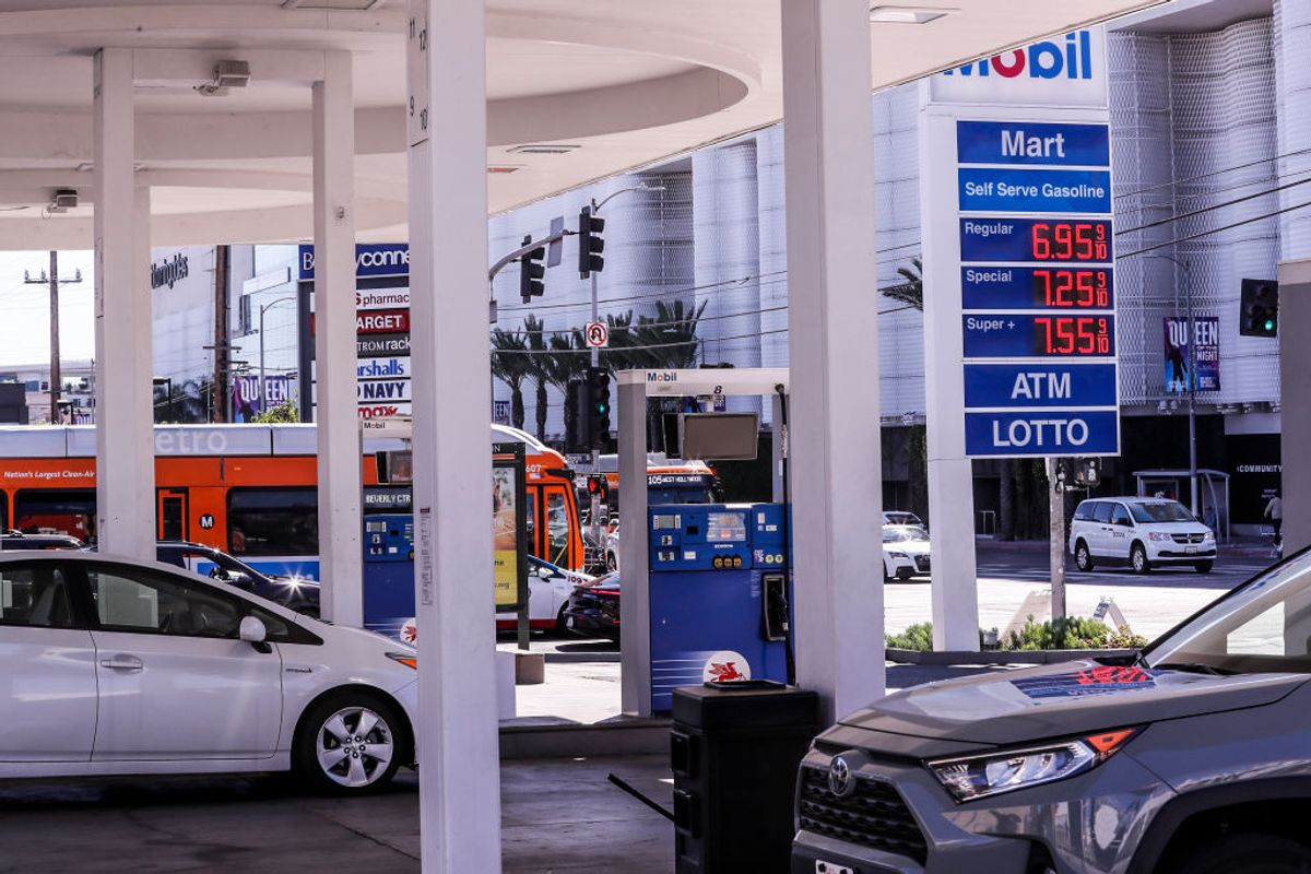 West Hollywood, CA, Tuesday, March 8, 2022 - The Mobil station at the corner of La Cienega and Beverly advertise prices higher than the norm throughout the Los Angeles area.
(Robert Gauthier/Los Angeles Times via Getty Images) (Getty Images)