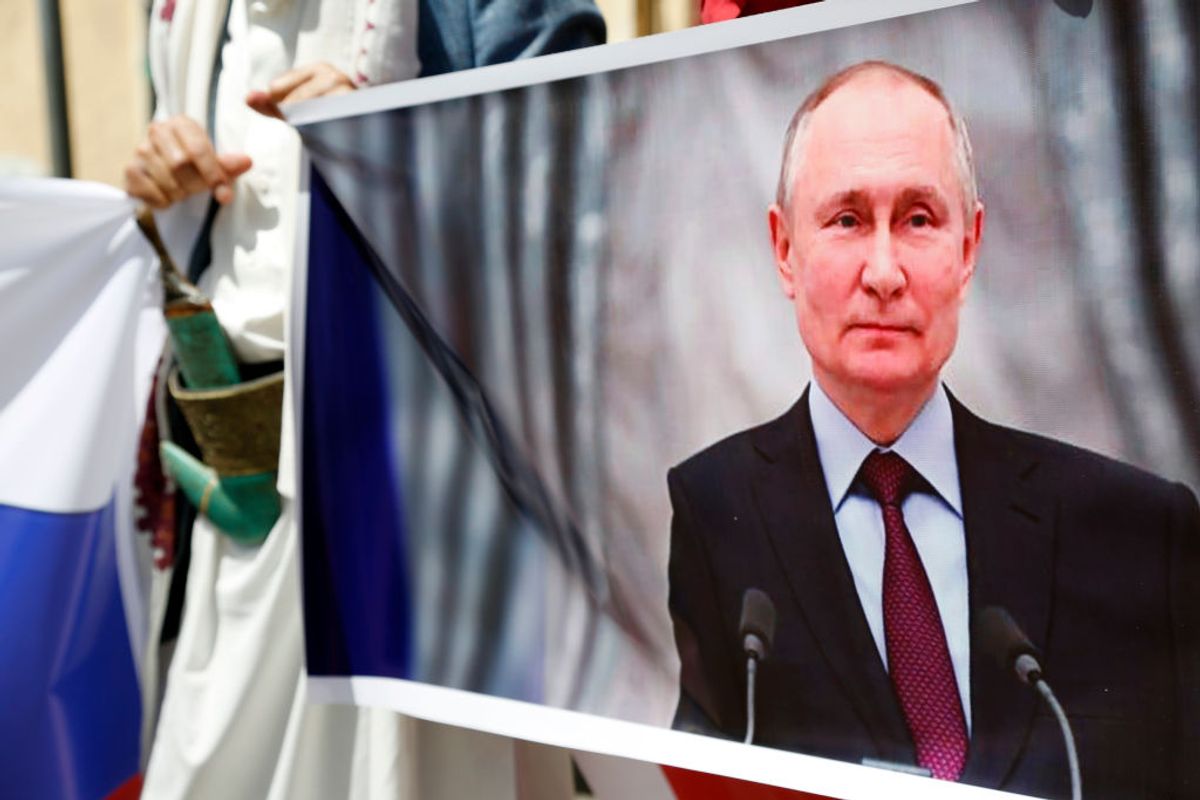 SANA'A, YEMEN - MARCH 24: Yemenis participate in a protest staged for supporting Russian President Vladimir Vladimirovich Putin in his war on Ukraine, outside the Russian embassy on March 24, 2022 in Sana'a, Yemen. (Photo by Mohammed Hamoud/Getty Images) (Getty Images)