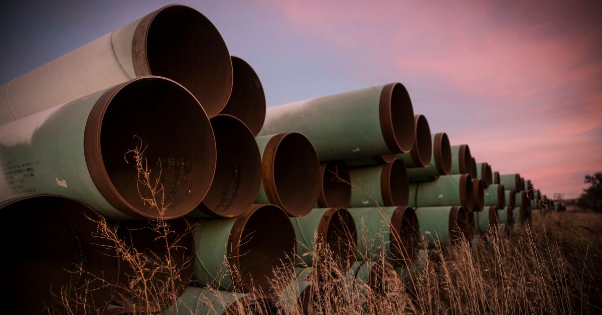 GASCOYNE, ND - OCTOBER 14:  Miles of unused pipe, prepared for the proposed Keystone XL pipeline, sit in a lot on October 14, 2014 outside Gascoyne, North Dakota.  (Photo by Andrew Burton/Getty Images) (Andrew Burton/Getty Images)