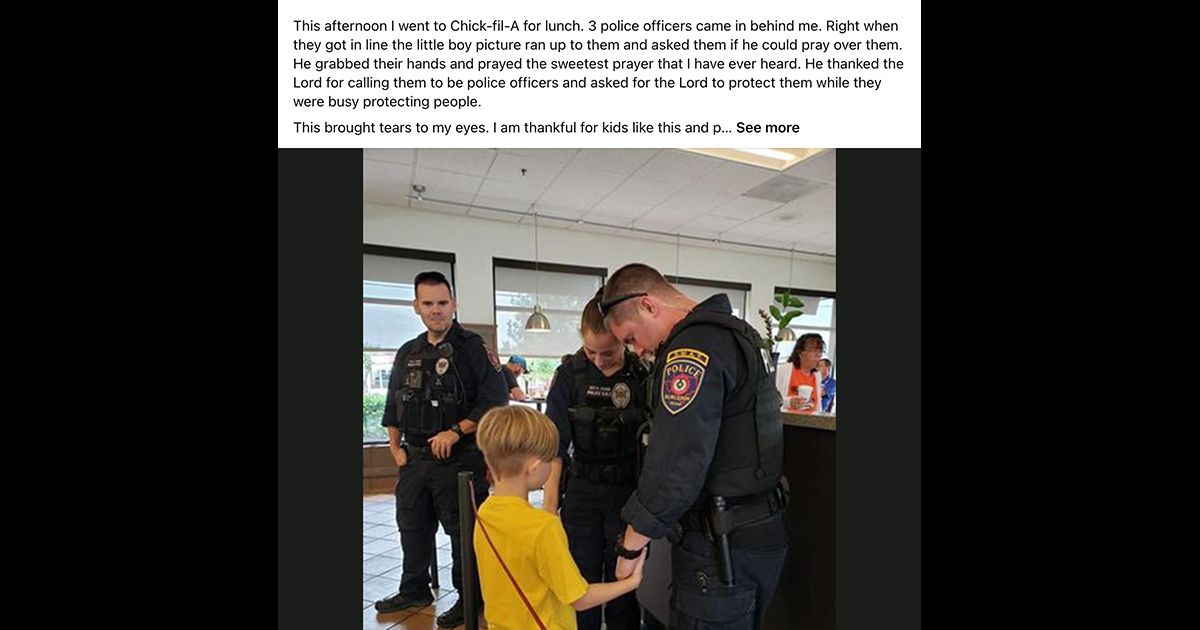 A Facebook post said a little boy asked to pray with police officers at a Chick-fil-A in Burleson Texas. (Facebook)