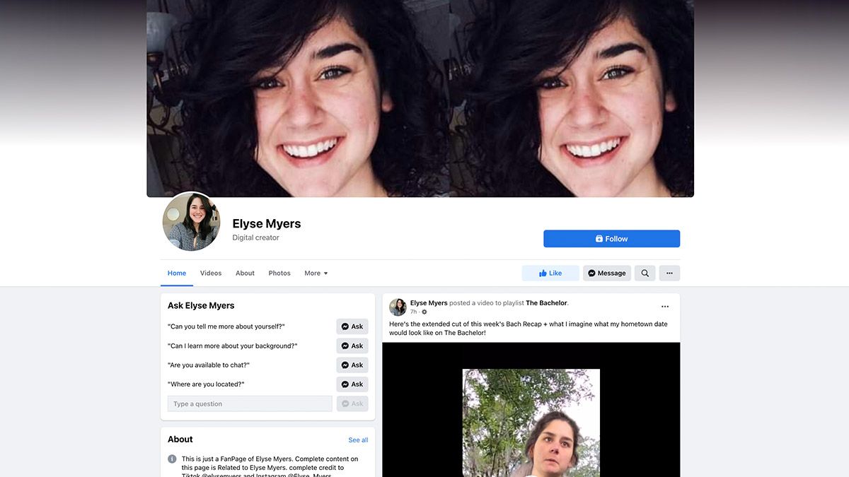 A fake Facebook page for TikTok video creator Elyse Myers appeared to be run from Pakistan. (Facebook)