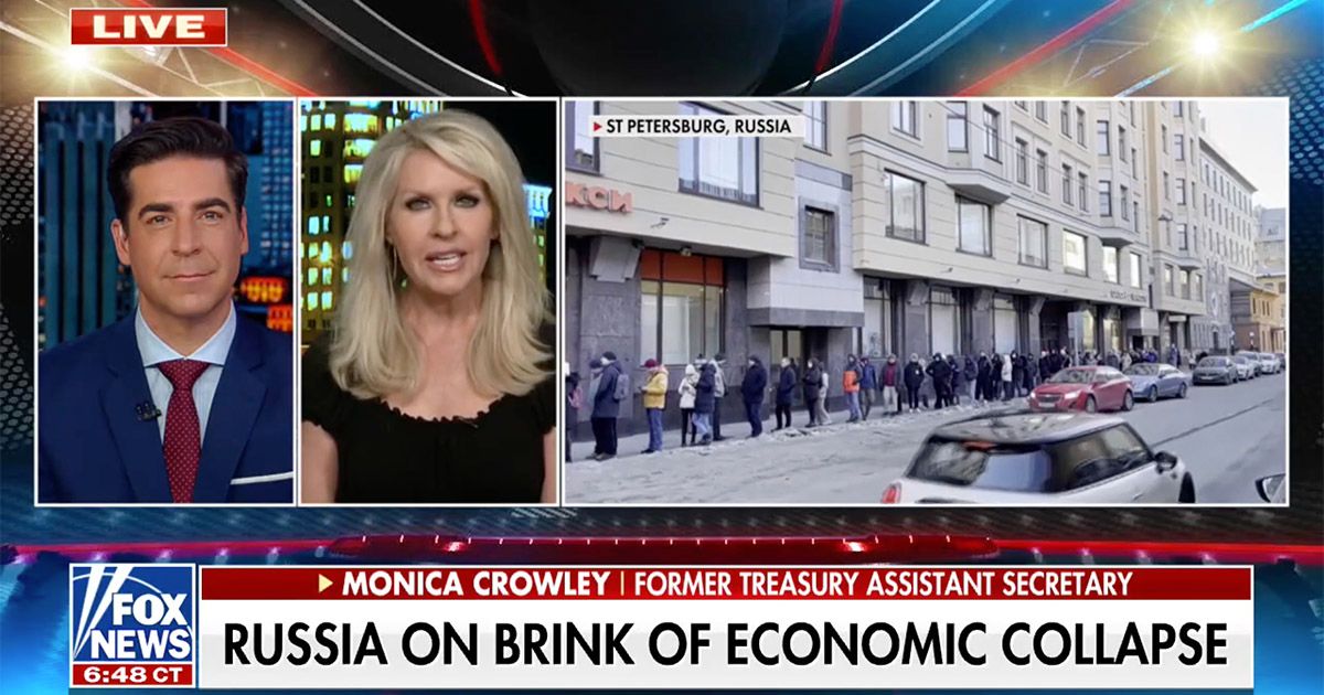 According to social media posts a Fox News guest named Monica Crowley told Jesse Watters that Russia is now being canceled. (Fox News)