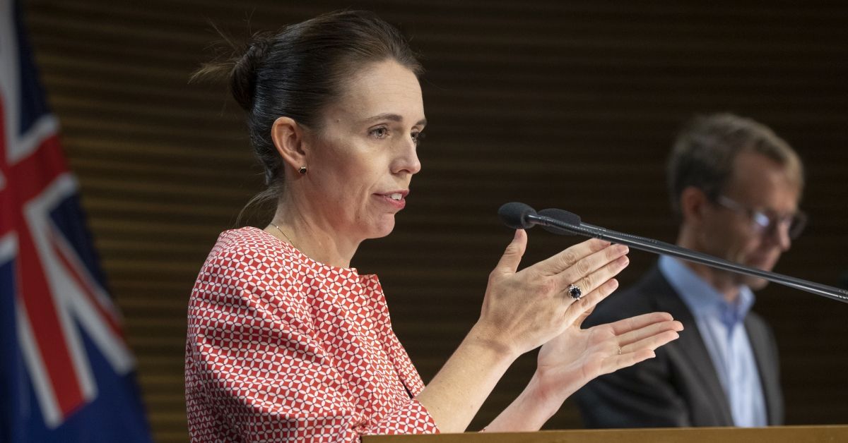 WELLINGTON, NEW ZEALAND - JANUARY 23: Prime Minister Jacinda Ardern after announcing the country will move to red traffic light settings during a press conference at the Beehive in Parliament on January 23, 2022 in Wellington, New Zealand. (Photo by Mark Mitchell-Pool/Getty Images) (Getty Images)