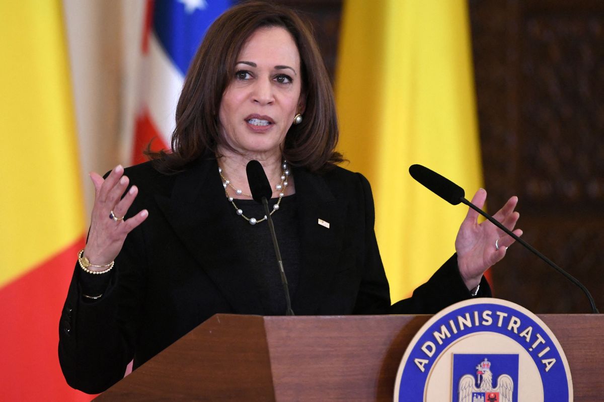 US Vice President Kamala Harris holds a press conference with the Romanian President (not in picture) following meetings at Cotroceni Palace in Bucharest, Romania, March 11, 2022. (Photo by SAUL LOEB / POOL / AFP) (Photo by SAUL LOEB/POOL/AFP via Getty Images) (SAUL LOEB/POOL/AFP via Getty Images)