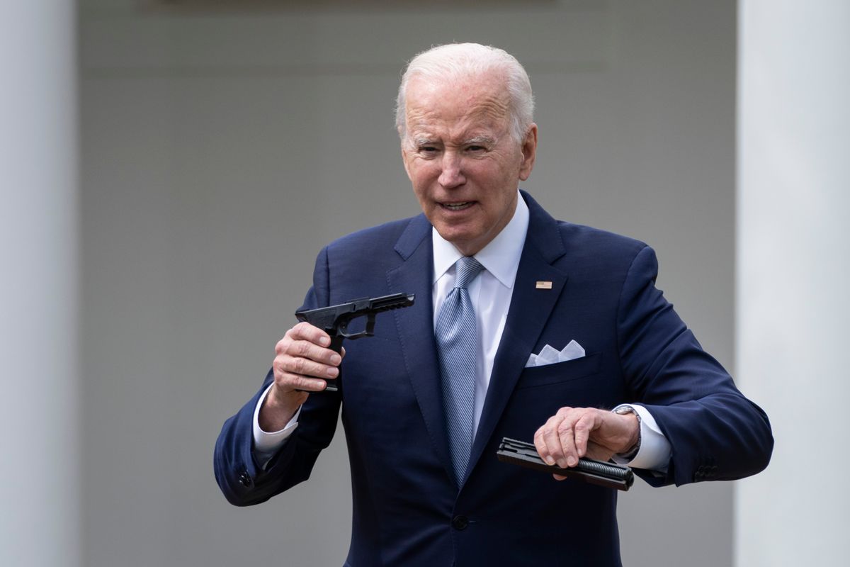 WASHINGTON, DC - APRIL 11: U.S. President Joe Biden holds up a ghost gun kit during an event about gun violence in the Rose Garden of the White House April 11, 2022 in Washington, DC. Biden announced a new firearm regulation aimed at reining in ghost guns, untraceable, unregulated weapons made from kids. Biden also announced Steve Dettelbach as his nominee to lead the Bureau of Alcohol, Tobacco, Firearms and Explosives (ATF). (Photo by Drew Angerer/Getty Images) (Drew Angerer/Getty Images)
