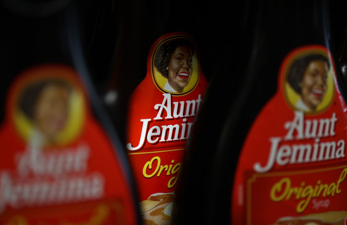 SAN RAFAEL, CALIFORNIA - JUNE 17: Bottles of Aunt Jemima pancake syrup are displayed on a shelf at Scotty's Market on June 17, 2020 in San Rafael, California. Quaker Oats announced that it will discontinue the 130-year-old Aunt Jemima brand and logo over concerns of the brand being based on a racial stereotype. Mars, the maker of Uncle Ben's rice is also considering a change in the rice brand. (Photo by Justin Sullivan/Getty Images) (Getty Images)