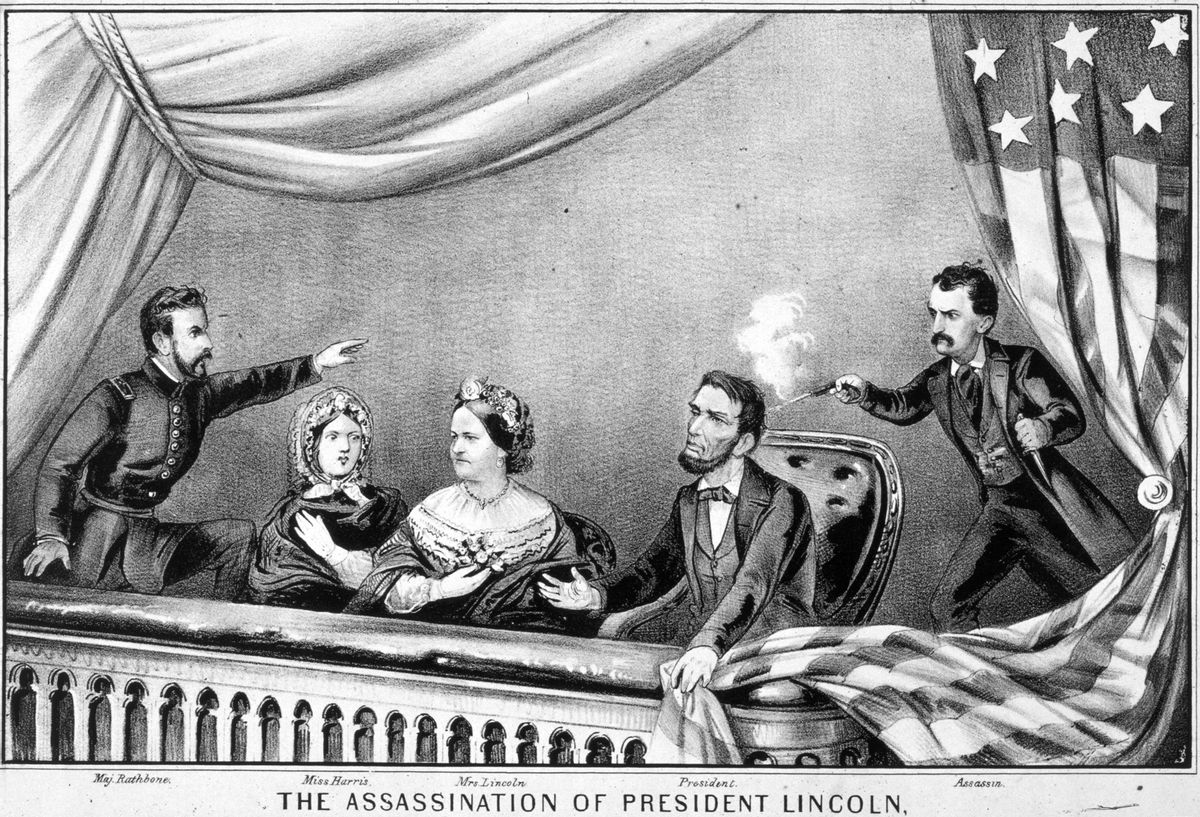 14th April 1865:  The assassination of Abraham Lincoln by John Wilkes Booth at Ford's Theatre, Washington DC. Abraham Lincoln (1809 - 1865), was the 16th President of the United States of America (1861 - 1865). Original Artwork: Engraving by Currier &amp; Ives  (Photo by MPI/Getty Images) (MPI/Getty Images)