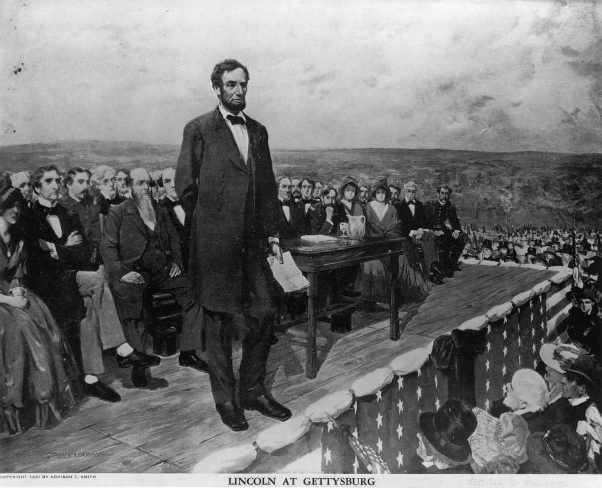 19th November 1863:  Abraham Lincoln, the 16th President of the United States of America, making his famous 'Gettysburg Address' speech at the dedication of the Gettysburg National Cemetery during the American Civil War. Original Artwork: Painting by Fletcher C Ransom  (Photo by Library Of Congress/Getty Images) (Library of Congress)