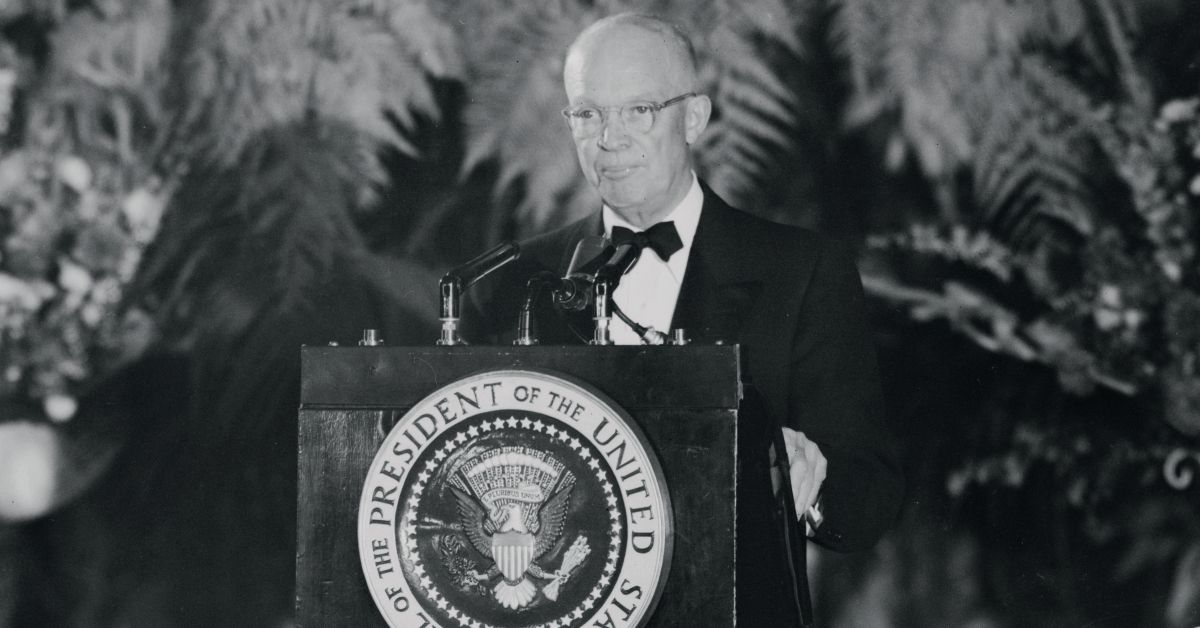Undated photograph of President Eisenhower speaking at dinner. (Bettman/Getty Images)