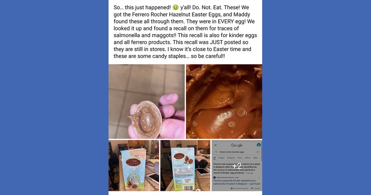 A viral Facebook post claimed that Ferrero Rocher Hazelnut Easter Eggs had maggots and salmonella and that Kinder chocolates did as well and all of this led to rumors of worms too. (Facebook)