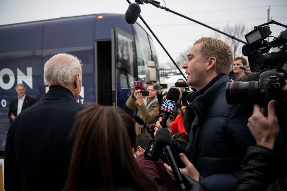 DAVENPORT, IOWA - JANUARY 28:
Peter Doocy, a Fox News reporter, tries to ask former vice president Joe Biden a question, which is ignored, as Biden exits a campaign event at Jeno's Little Hungary in Davenport, IA on January 28, 2020. (Photo by Carolyn Van Houten/The Washington Post via Getty Images) (Carolyn Van Houten/The Washington Post via Getty Images)