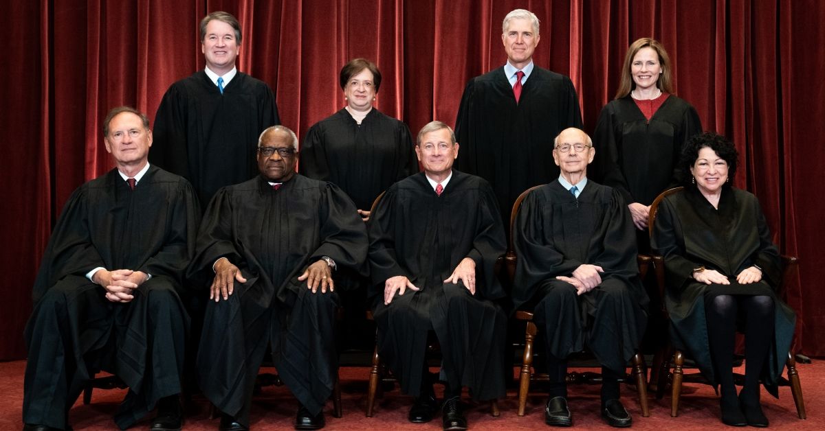 WASHINGTON, DC - APRIL 23: Members of the Supreme Court pose for a group photo at the Supreme Court in Washington, DC on April 23, 2021. Seated from left: Associate Justice Samuel Alito, Associate Justice Clarence Thomas, Chief Justice John Roberts, Associate Justice Stephen Breyer and Associate Justice Sonia Sotomayor, Standing from left: Associate Justice Brett Kavanaugh, Associate Justice Elena Kagan, Associate Justice Neil Gorsuch and Associate Justice Amy Coney Barrett. (Photo by Erin Schaff-Pool/Getty Images) (Erin Schaff-Pool/Getty Images))