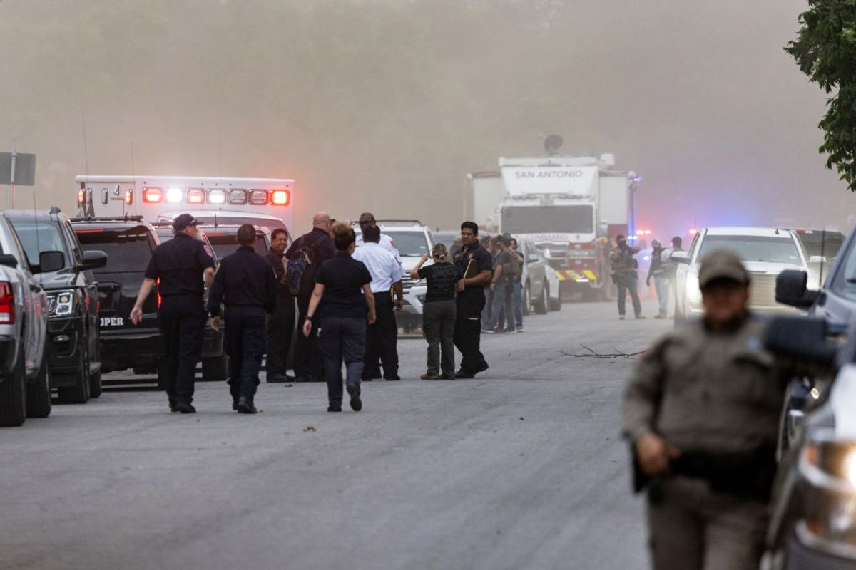 UVALDE, TX - MAY 24: Law enforcement work the scene after a mass shooting at Robb Elementary School where 19 people, including 18 children, were killed on May 24, 2022 in Uvalde, Texas. The suspected gunman, identified as 18-year-old Salvador Ramos, was reportedly killed by law enforcement. (Photo by Jordan Vonderhaar/Getty Images) (Getty Images)