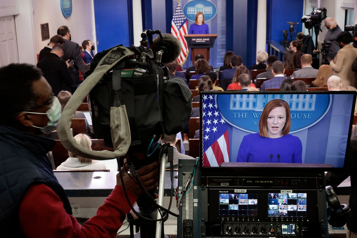WASHINGTON, DC - DECEMBER 07: White House Press Secretary Jen Psaki talks to reporters in the Brady Press Briefing Room following President Joe Biden's conversation with Russian President Vladimir Putin at the White House on December 07, 2021 in Washington, DC. Psaki reported that the conversation focused on the Russian military buildup near its border with Ukraine. Biden said the United States is prepared with economic penalties if Russia does invade. (Photo by Chip Somodevilla/Getty Images) (Chip Somodevilla/Getty Images)