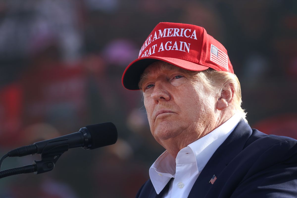 GREENWOOD, NEBRASKA - MAY 01: Former President Donald Trump speaks to supporters during a rally at the I-80 Speedway on May 01, 2022 in Greenwood, Nebraska. Trump is supporting Charles Herbster in the Nebraska gubernatorial race. (Photo by Scott Olson/Getty Images) (Scott Olson/Getty Images)